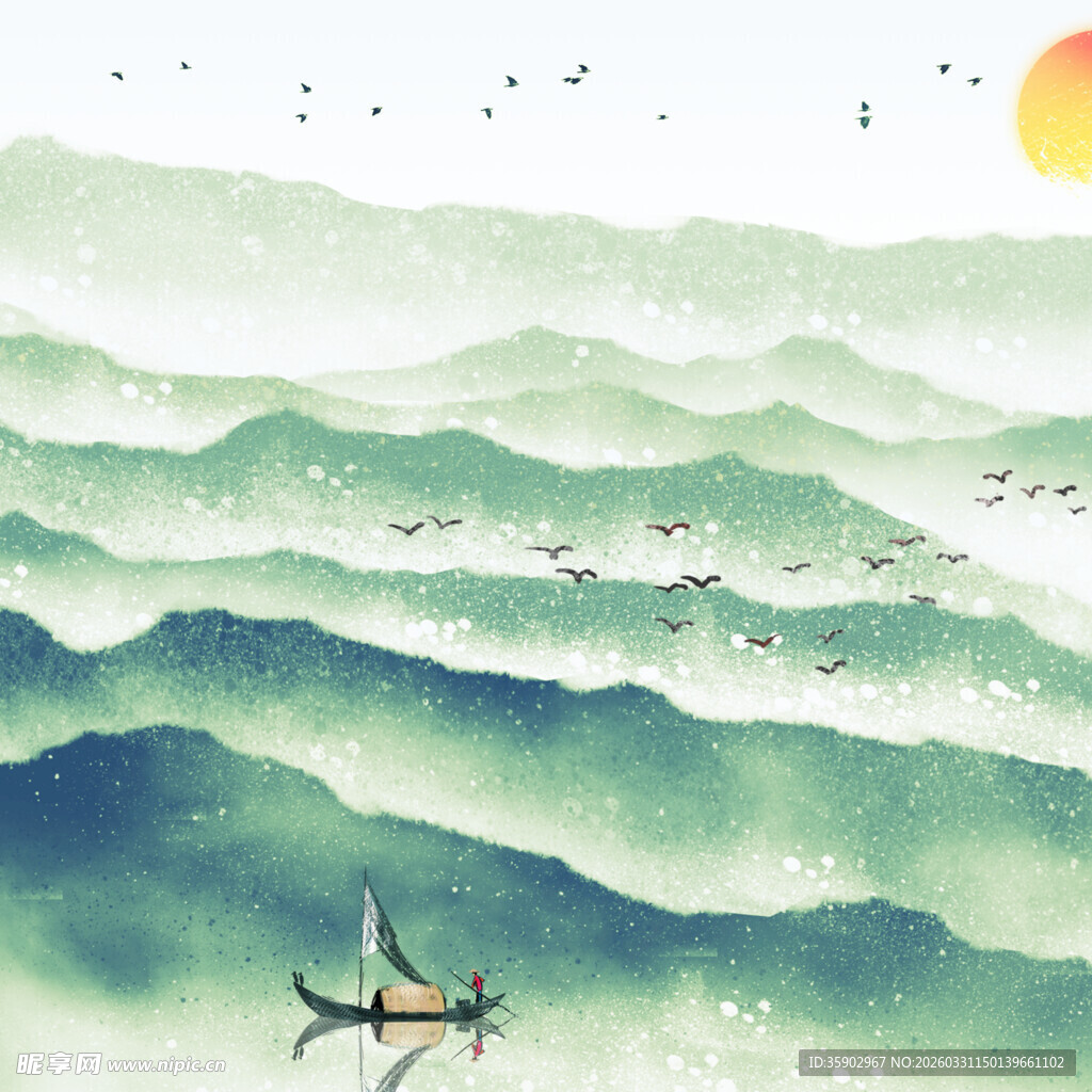 水墨山水间的孤舟泛舟景