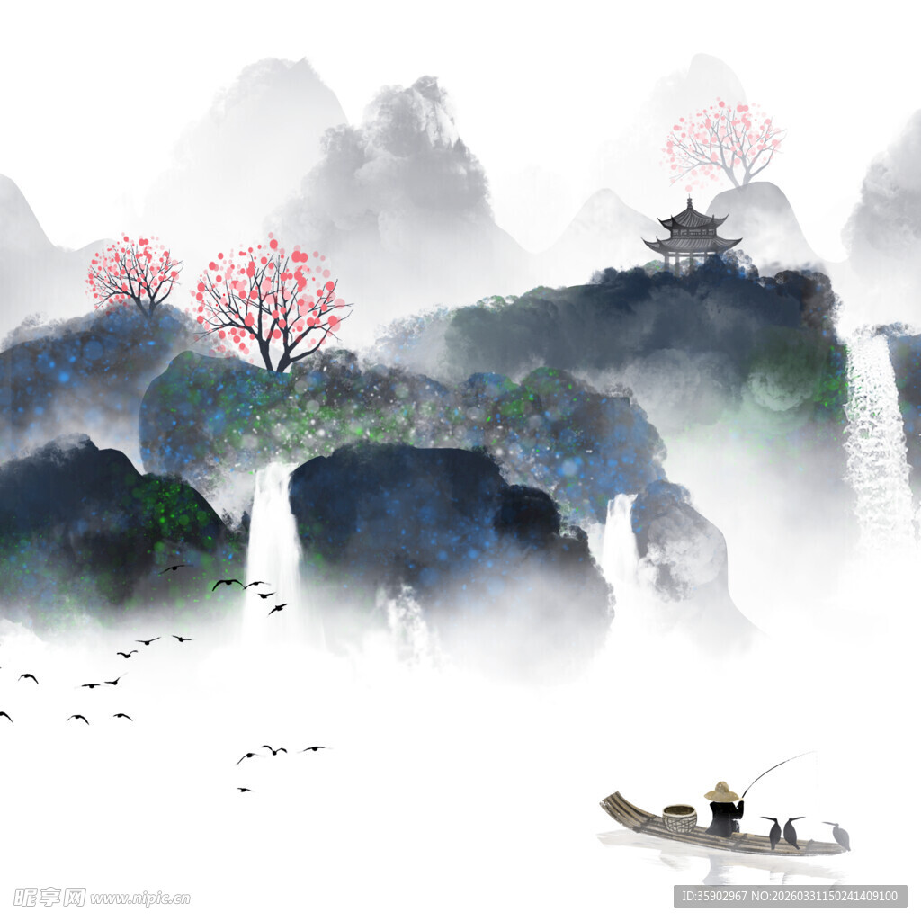 水墨山水间的孤舟诗意