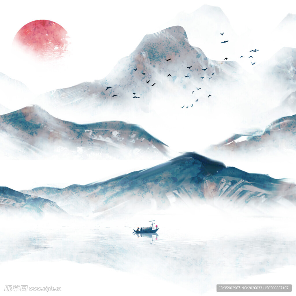 水墨山水间的孤舟红日