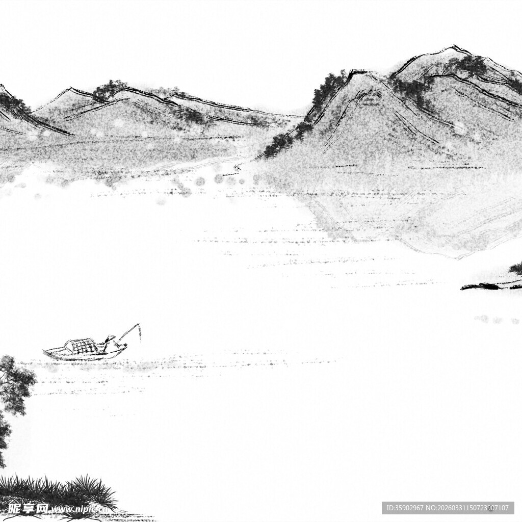 水墨山水间的孤舟意境