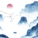 水墨山水间的落日飞鸟景