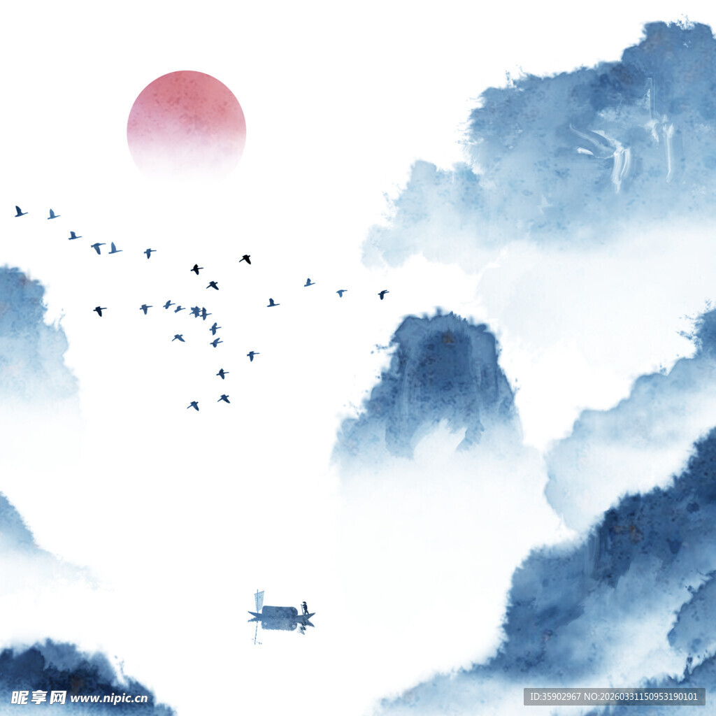 水墨山水间的落日飞鸟景