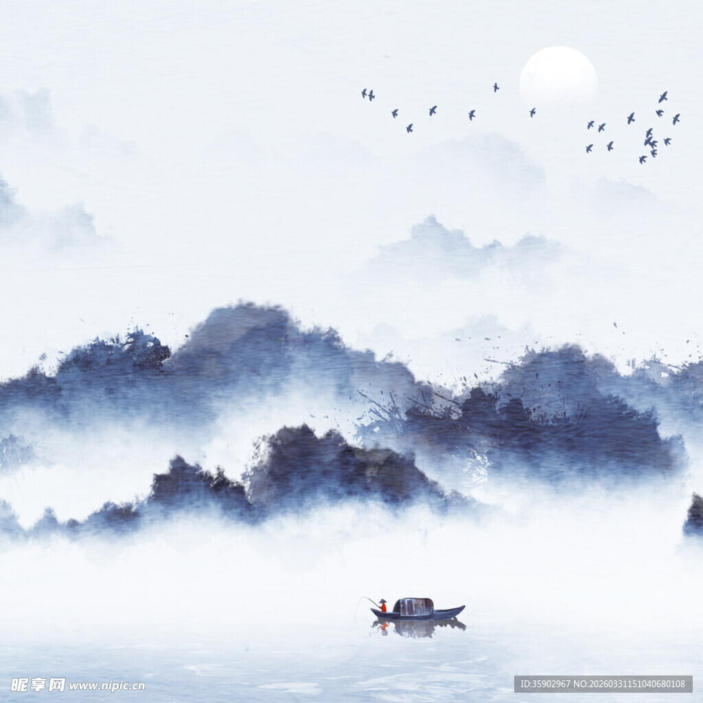 水墨山水间的孤舟意境