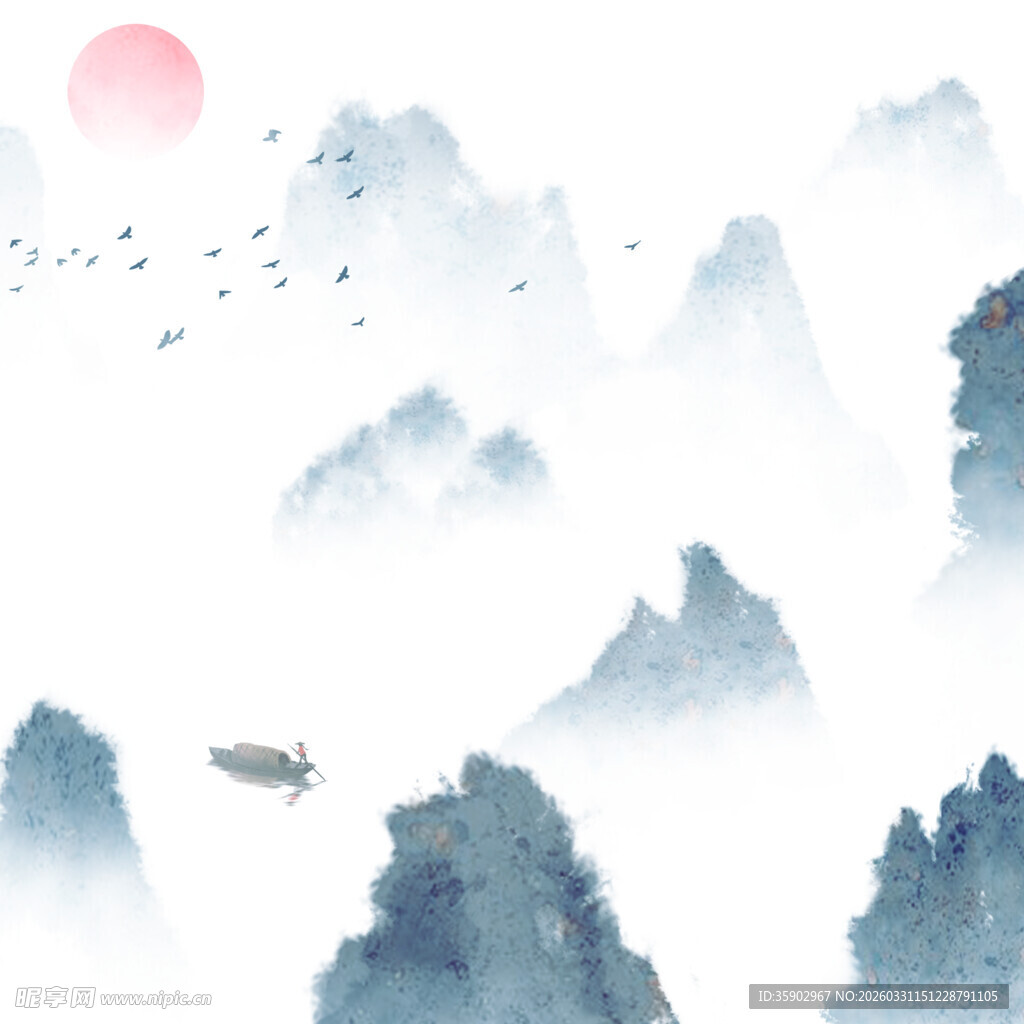 水墨山水间的飞鸟与红日