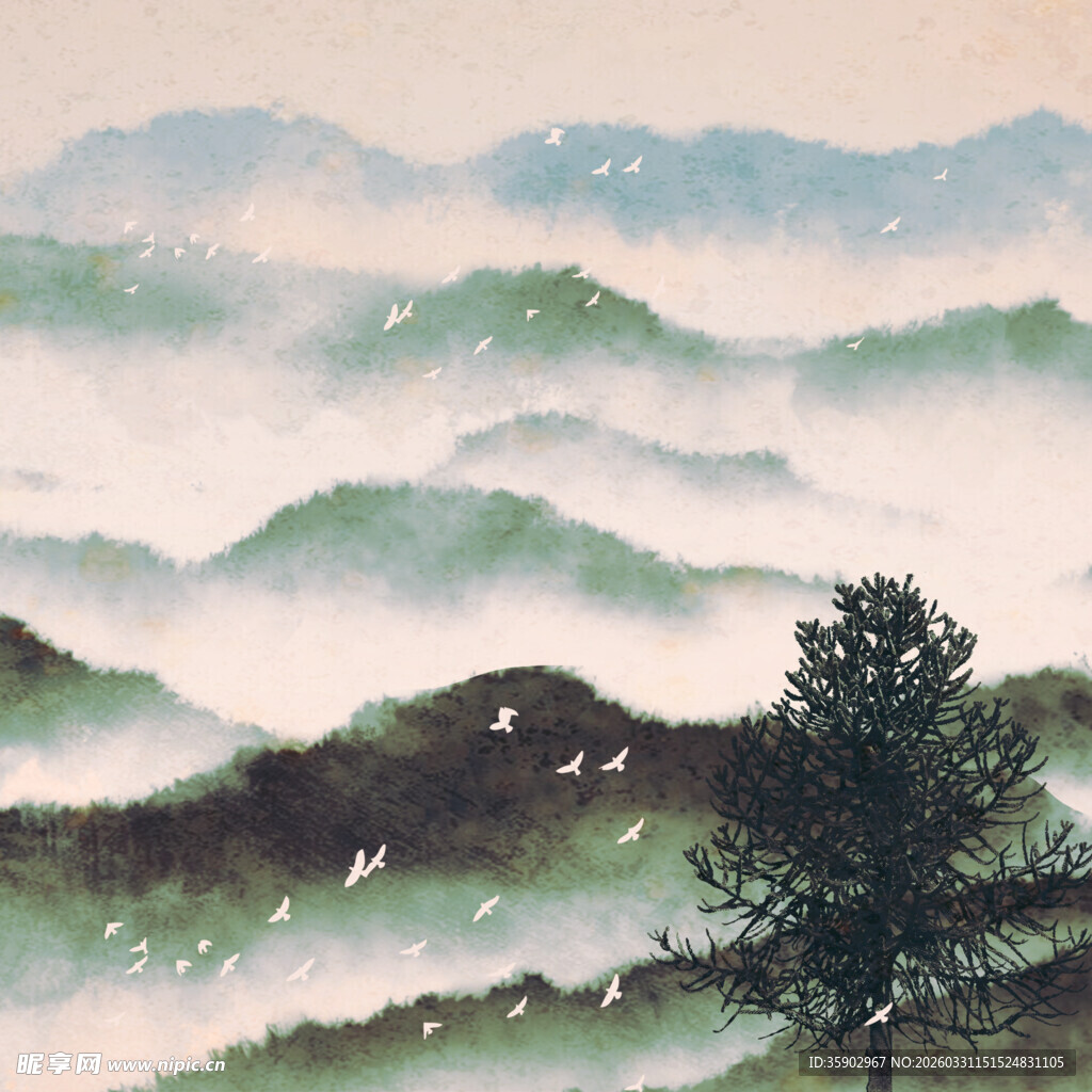 水墨山峦间的孤树