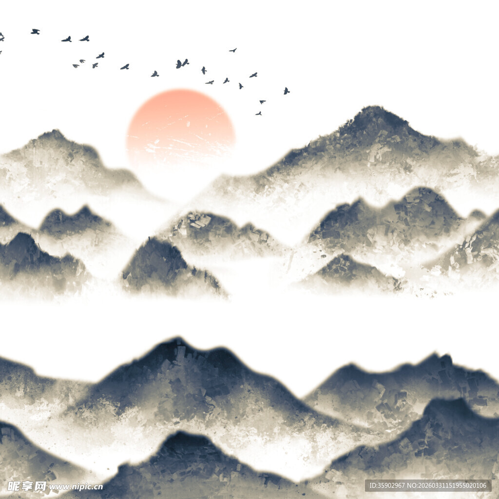 水墨群山间的落日飞鸟