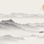 水墨山水间的孤舟日落景