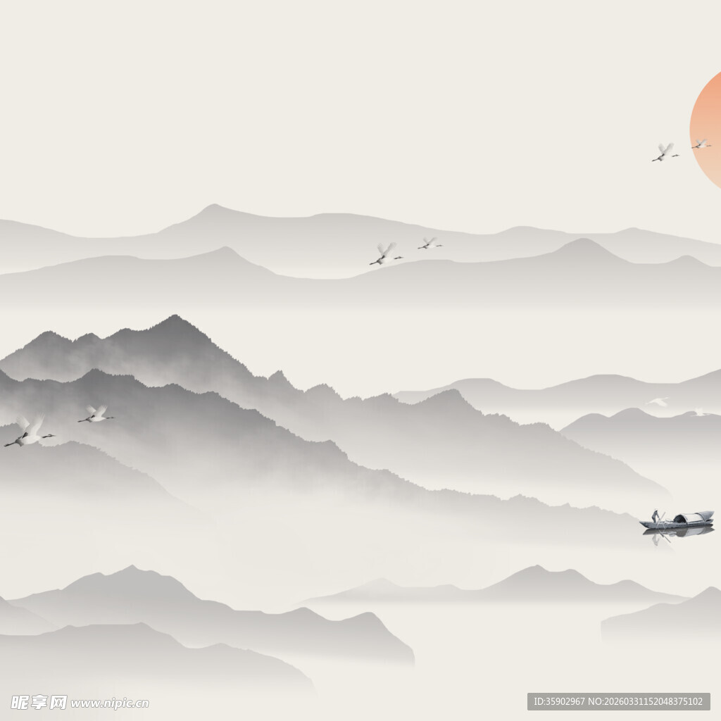 水墨山水间的孤舟日落景