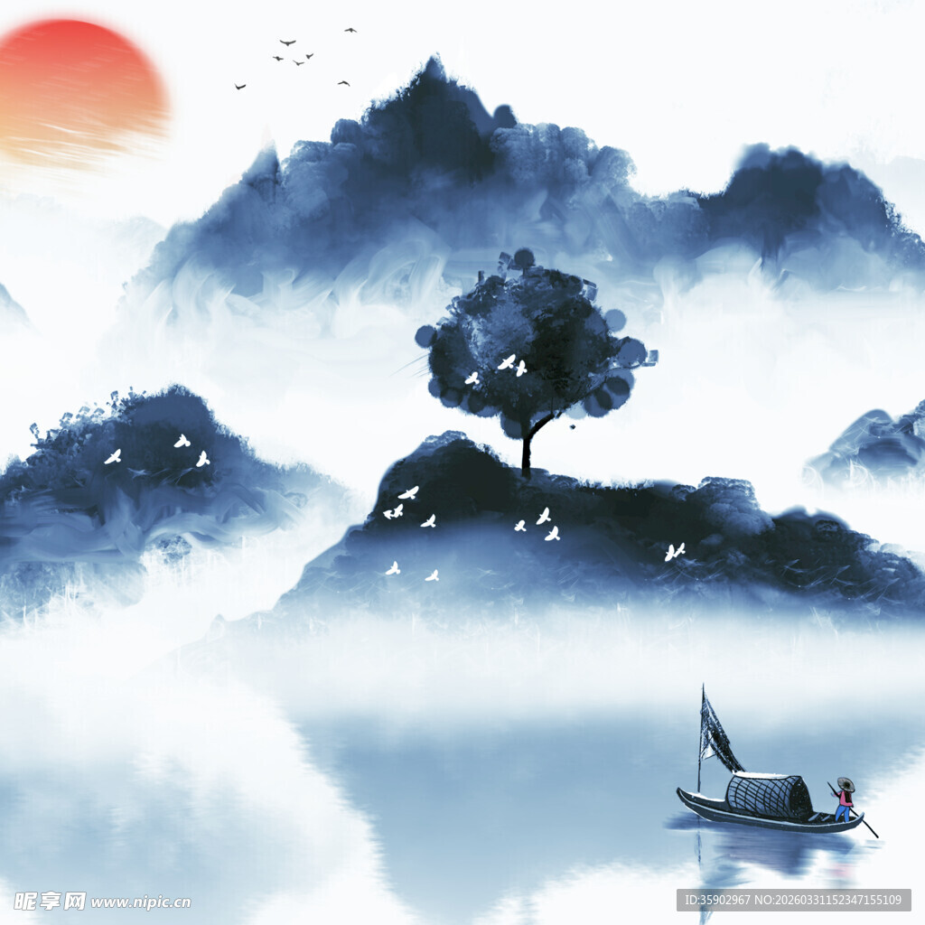 水墨山水间的孤舟与落日