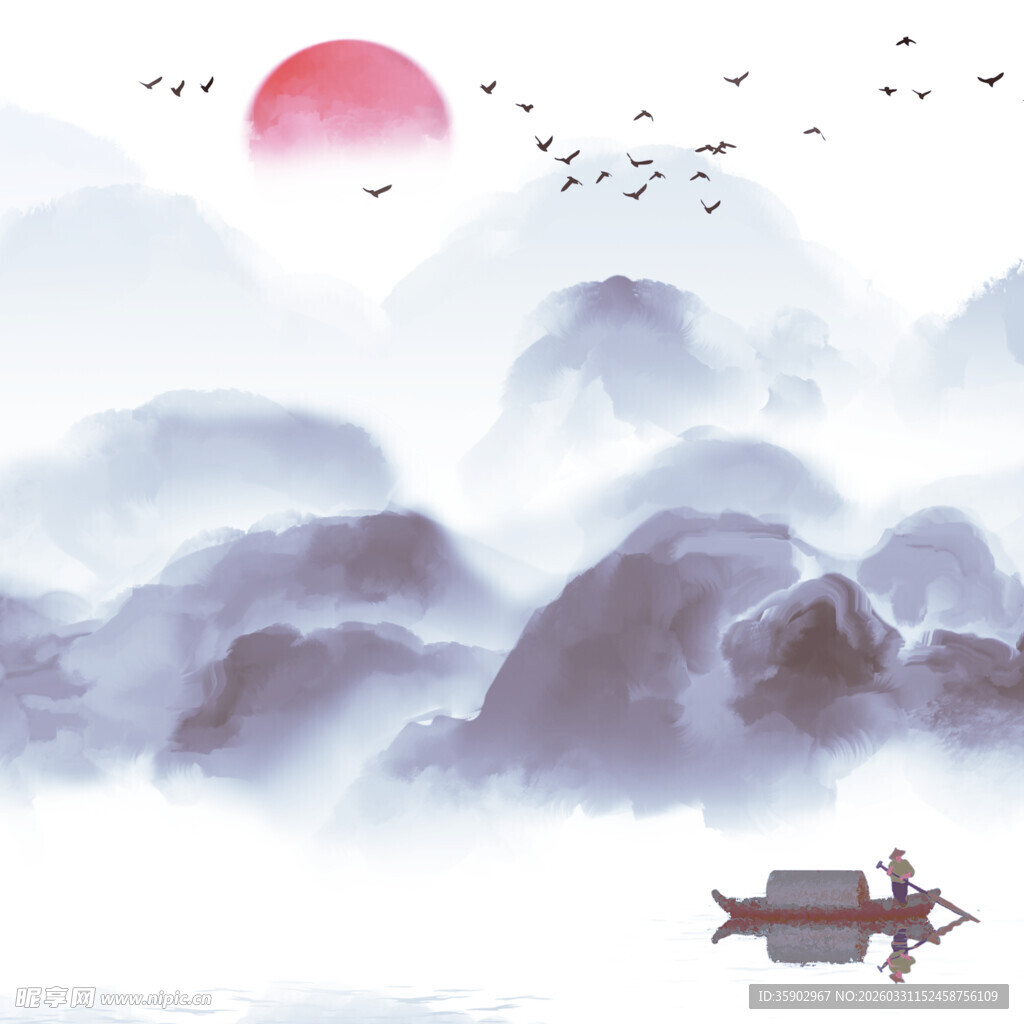 水墨山水间的孤舟落日景