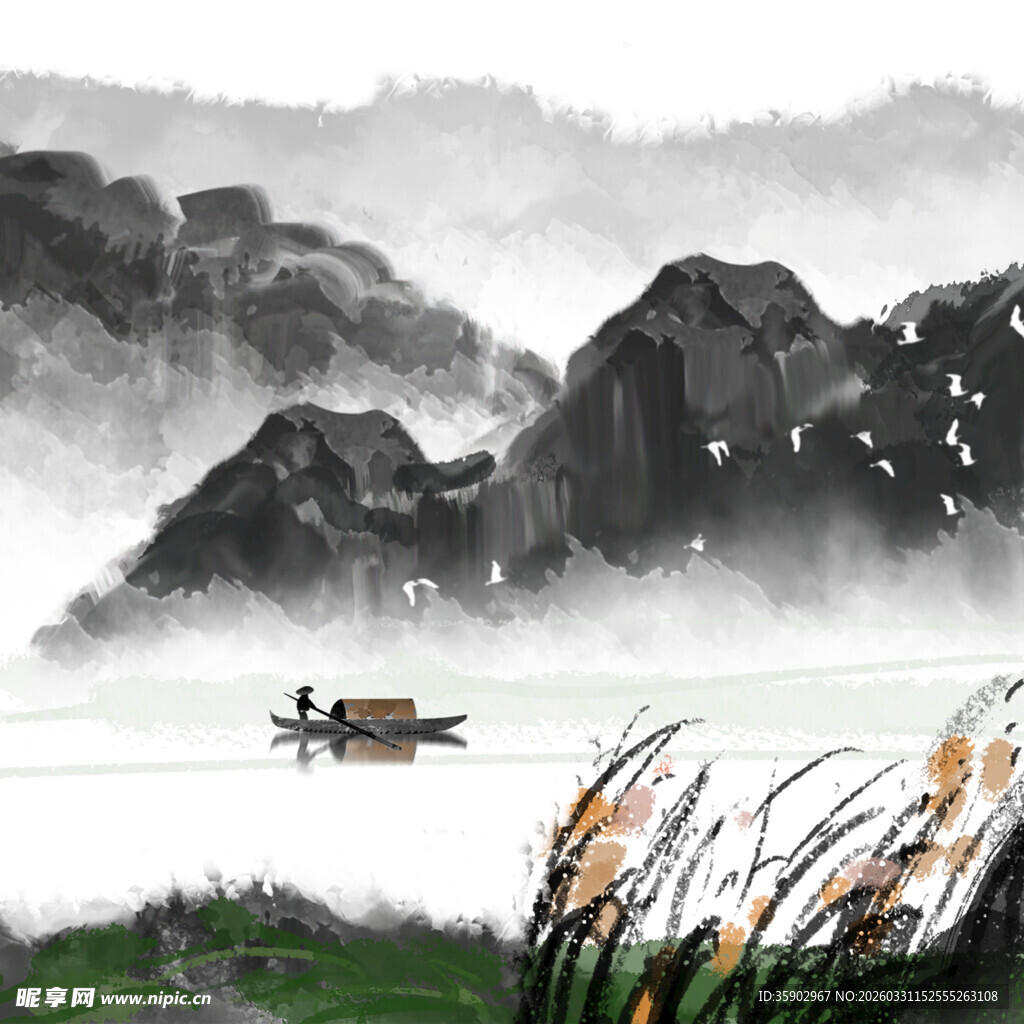 水墨山水间的孤舟意境