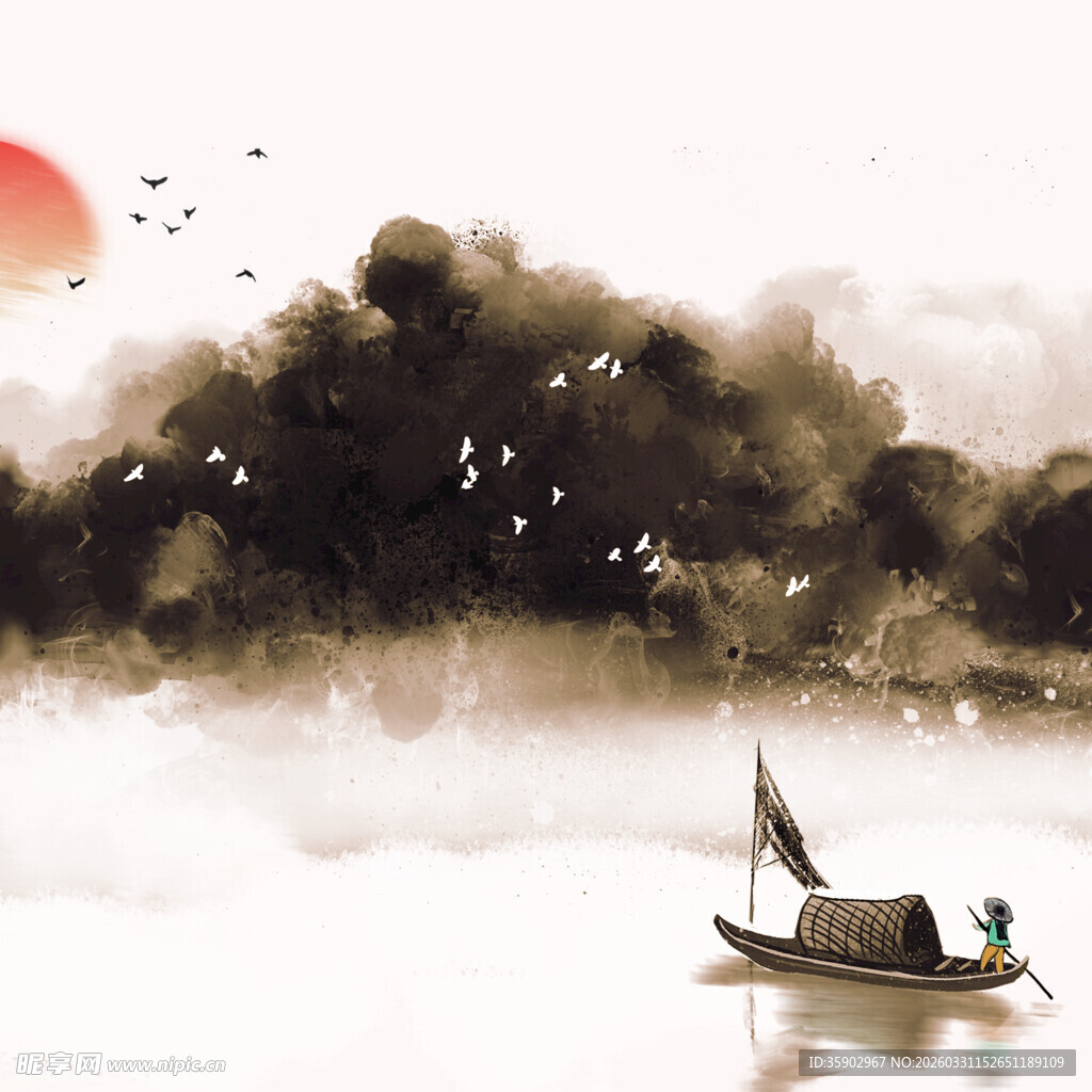 水墨孤舟映红日