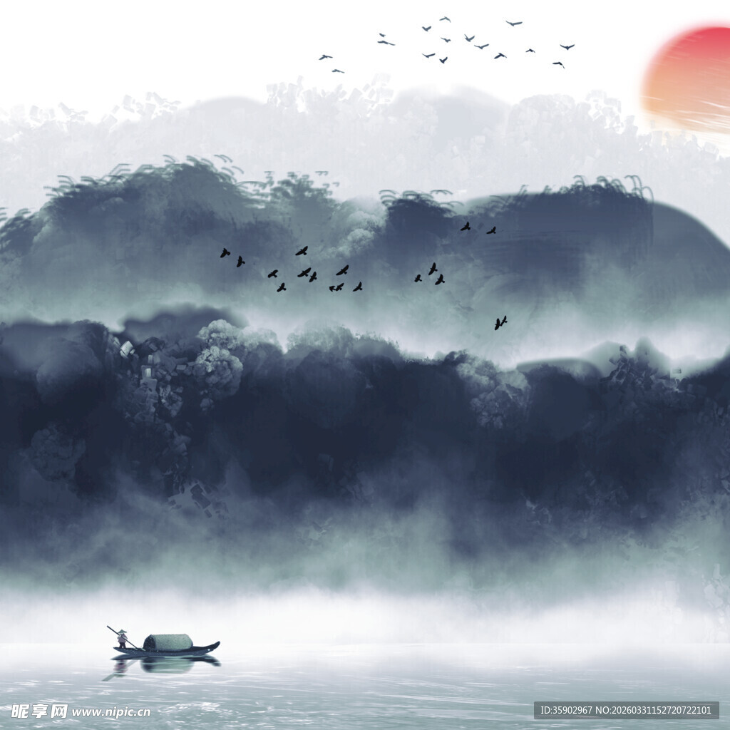 水墨山水间孤舟伴夕阳