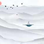 水墨山水间的孤舟飞鸟