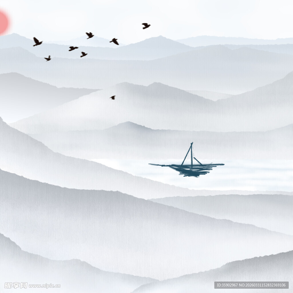 水墨山水间的孤舟飞鸟