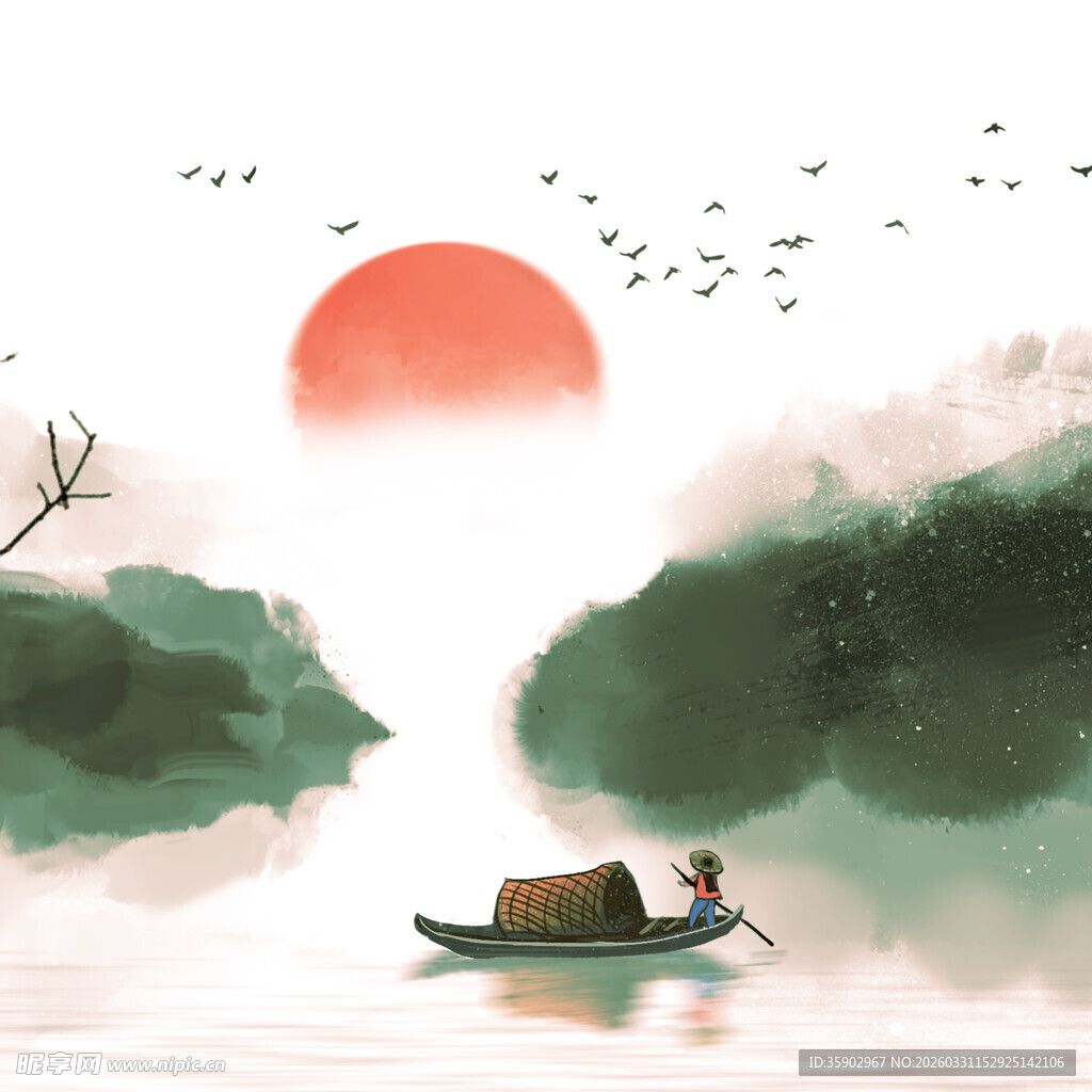 夕阳下的江上泛舟