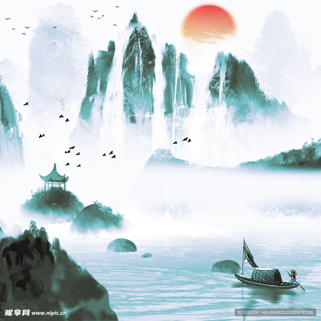 水墨山水间的孤舟垂钓