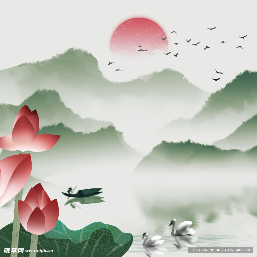 水墨山水间的荷韵与飞鸟