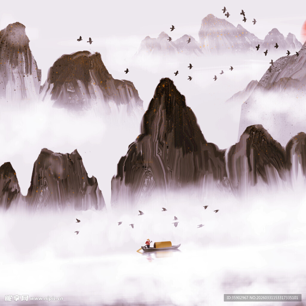 水墨山水间的孤舟意境