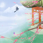 春日樱花下的飞鸟与楼阁