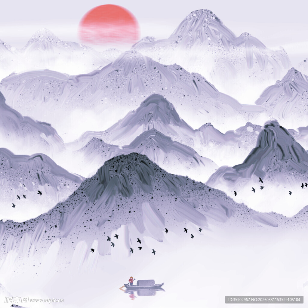 水墨山水间的落日孤舟