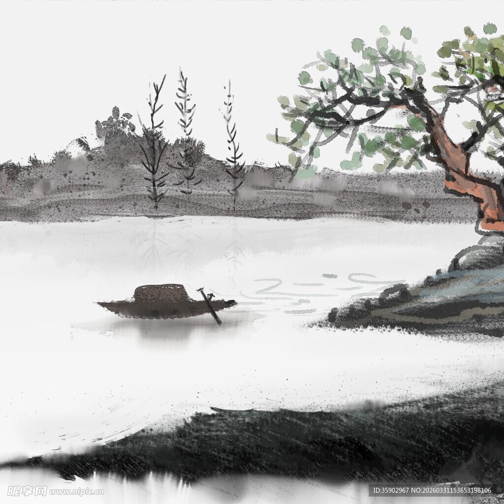 水墨孤舟江畔景