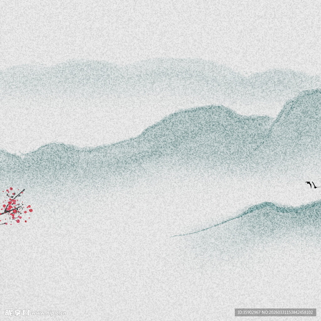 水墨山水间的一抹嫣红