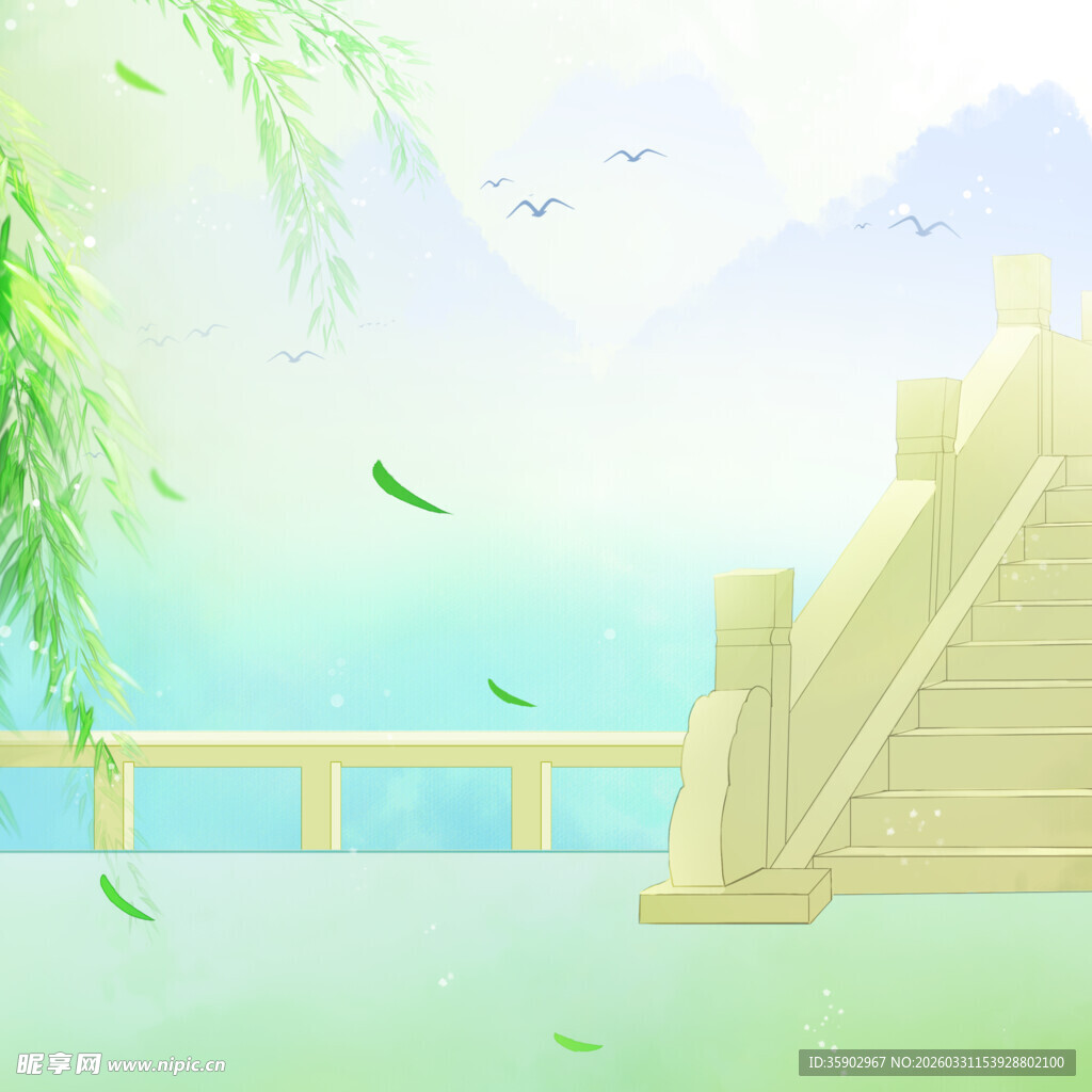 春日河畔古桥垂柳景致