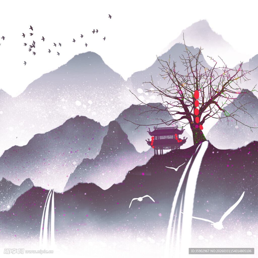 水墨山水间的孤树与飞鸟