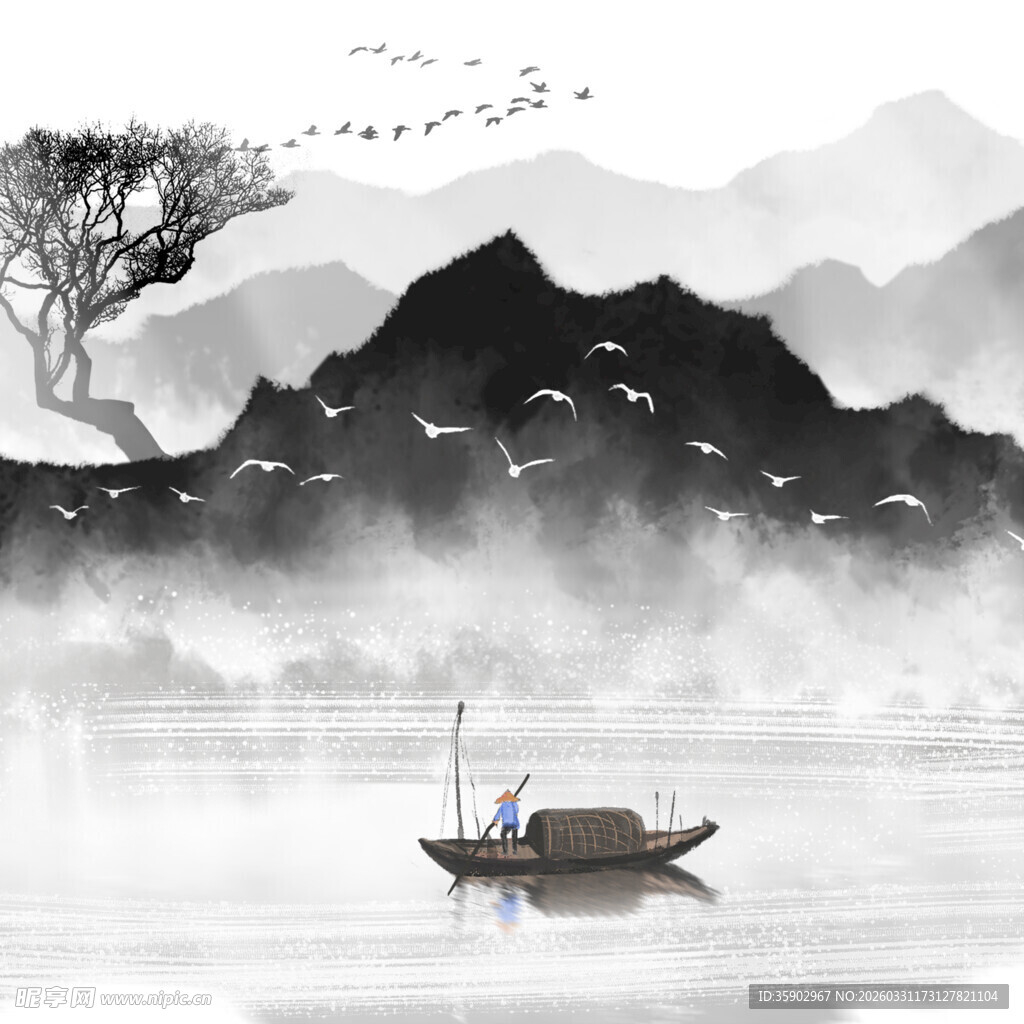 水墨山水孤舟图