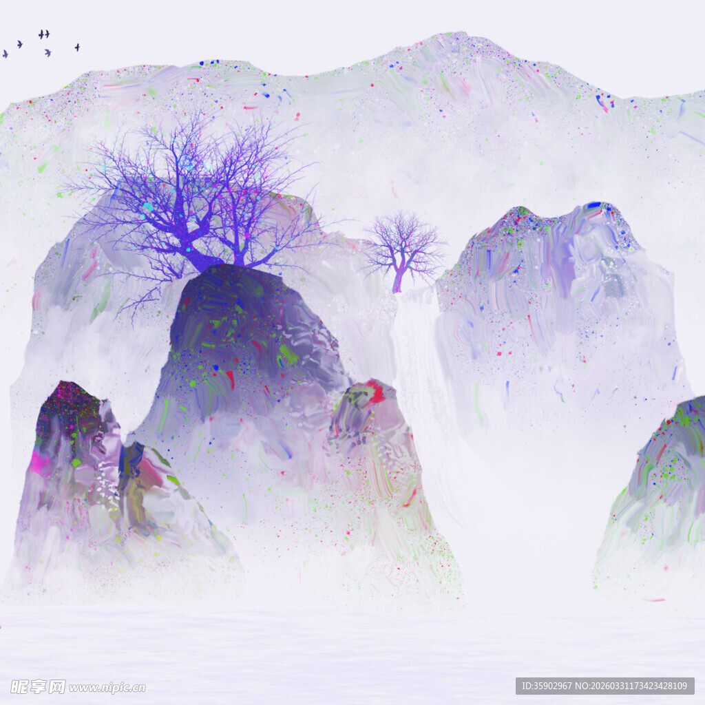 水墨山水间的梦幻树景