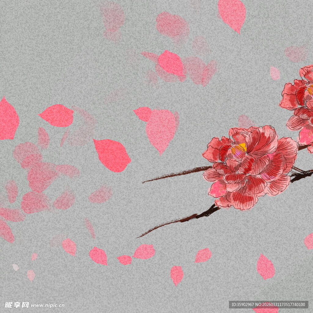 水墨风绽放的娇艳红梅