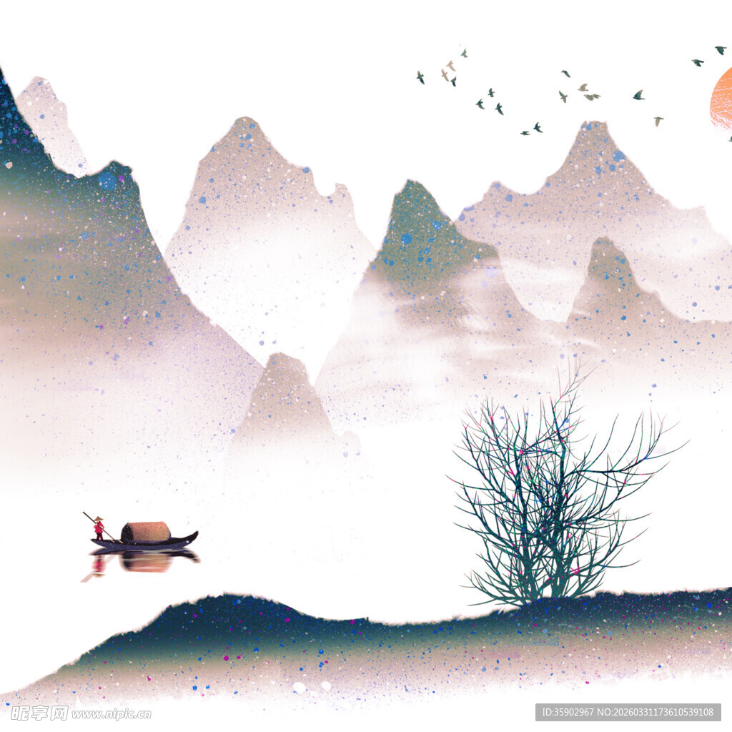 水墨山水间孤舟独景