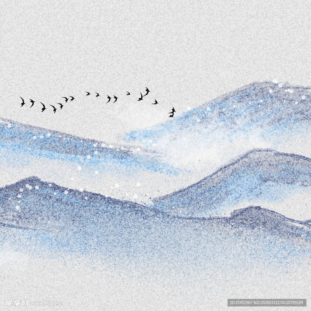 水墨群山间飞鸟翱翔