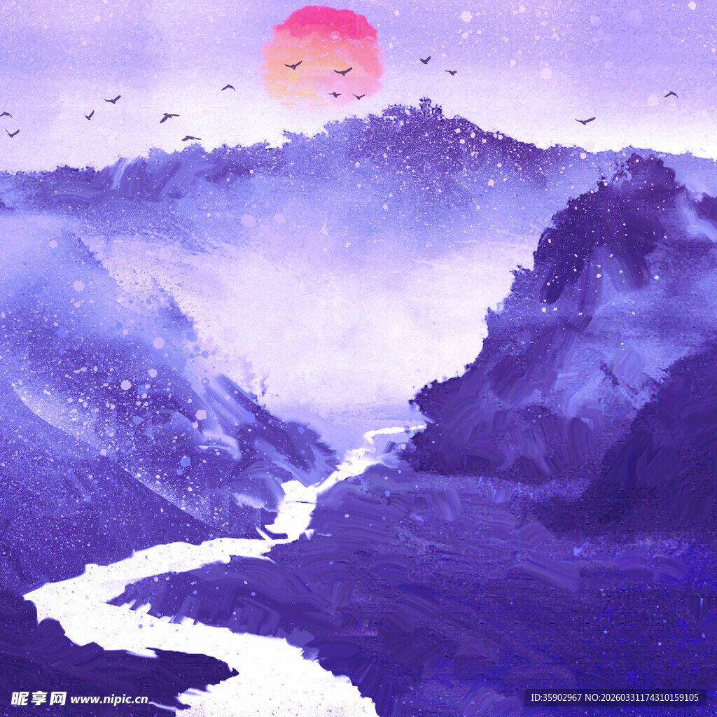 山间落日下的蜿蜒河流