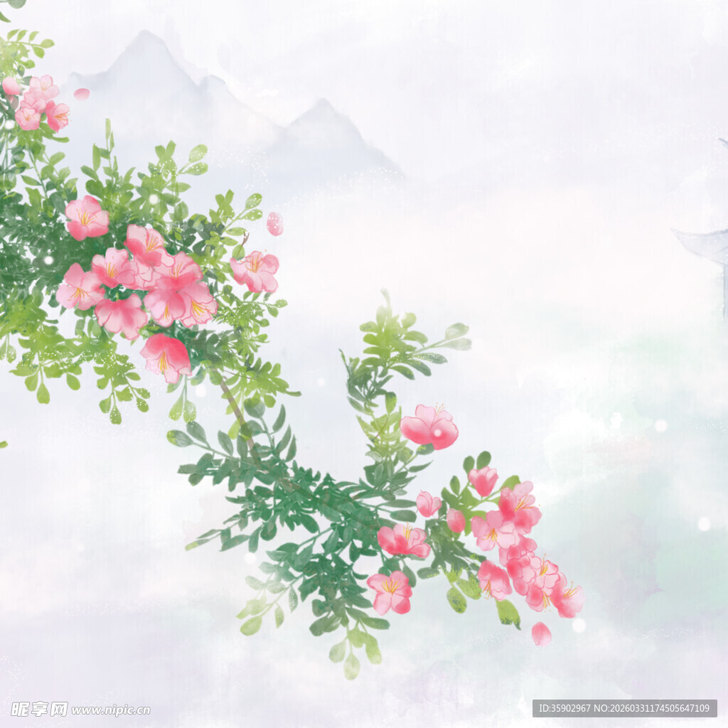 水墨风蔷薇花枝图