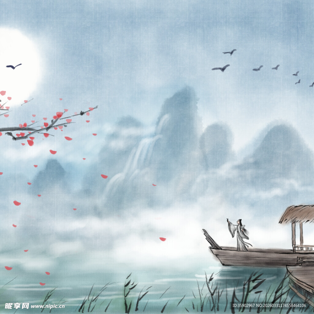 月夜泛舟山水间