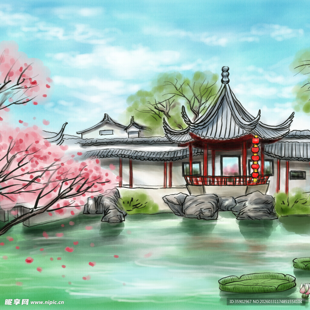 中式园林湖畔美景