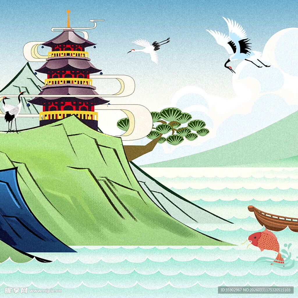 古风山水间的楼阁与飞鸟