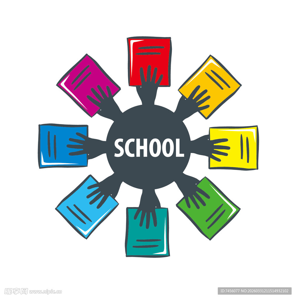 多彩手环绕的学校标志