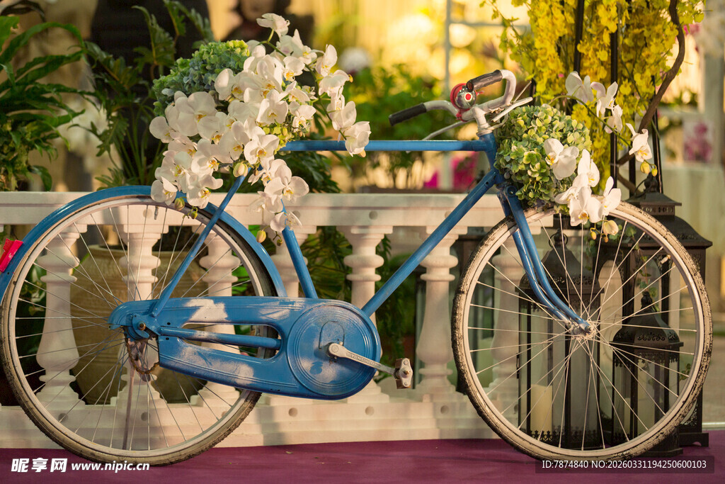 复古蓝色自行车与花卉装饰