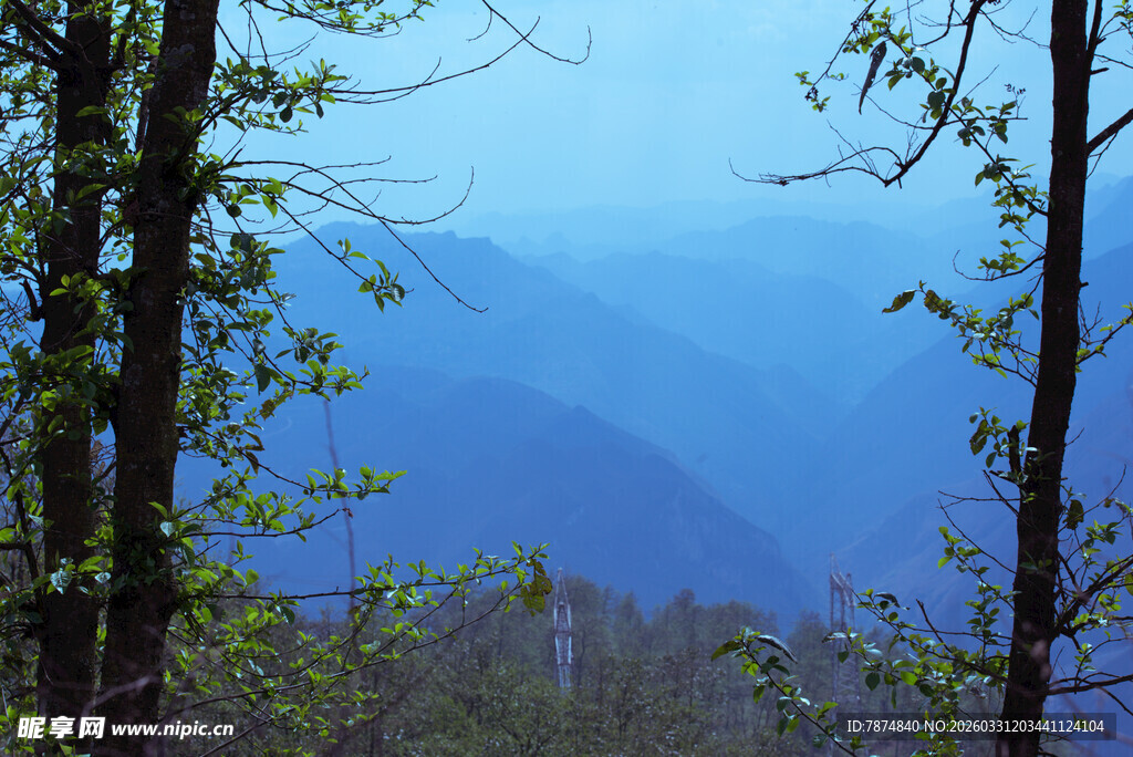 林间远眺的朦胧山色