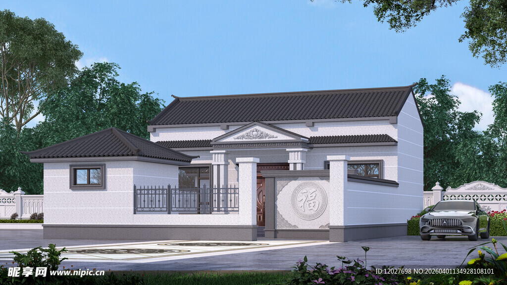 中式简约风格单层住宅外观效果图