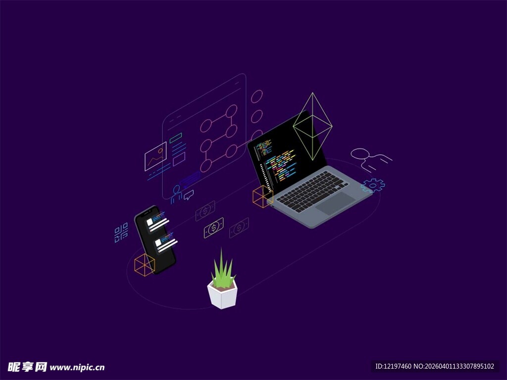 紫色背景下的办公设备组合