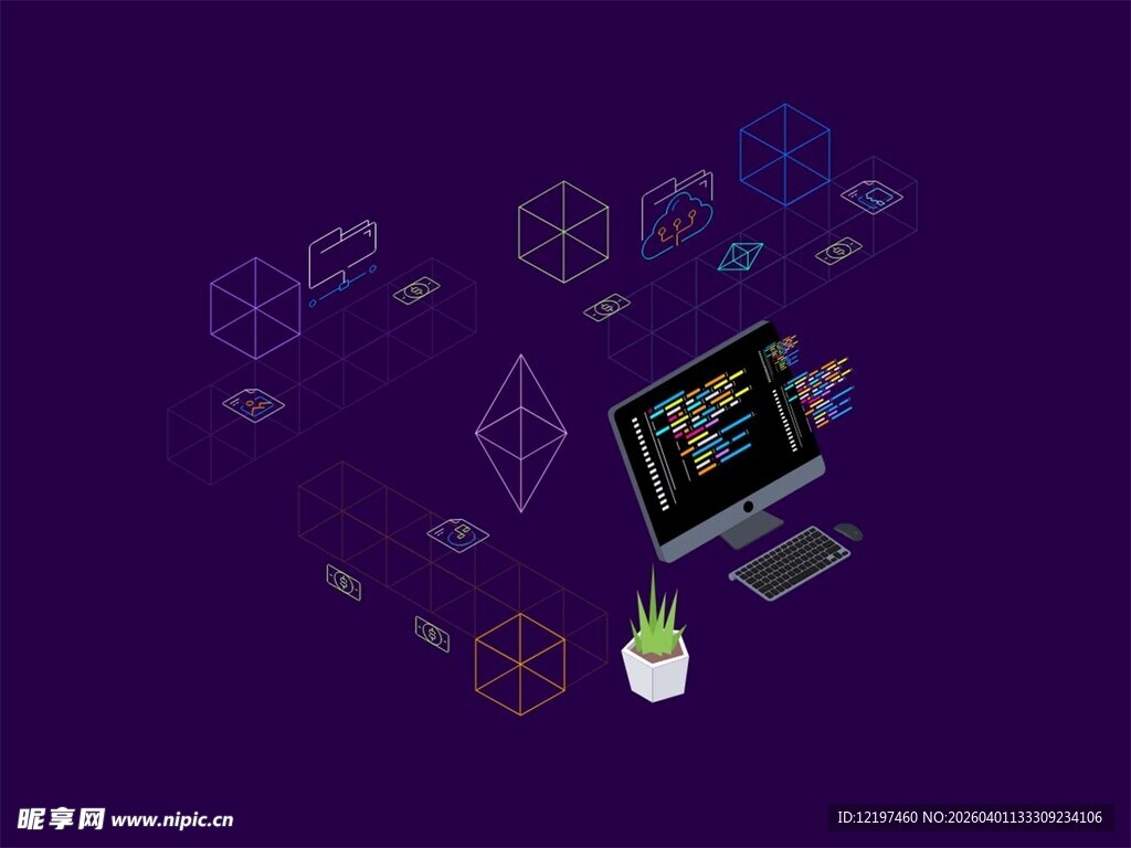 科技元素环绕的电脑场景