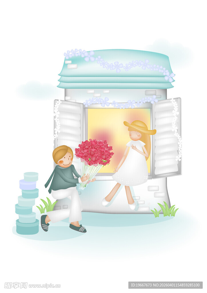 男孩窗边向女孩送花示爱