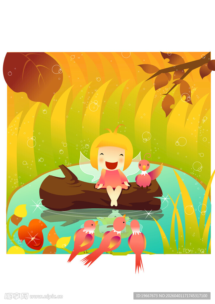 女孩于林间原木上欢快玩耍