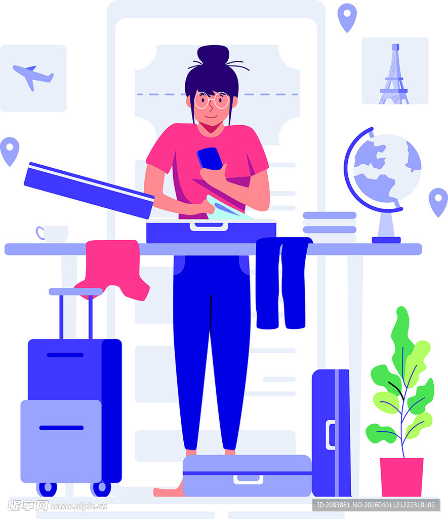 整理行李箱的女性与生活物件