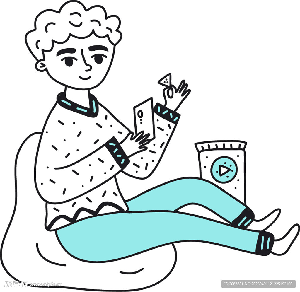 坐着玩手机的卷发休闲人士