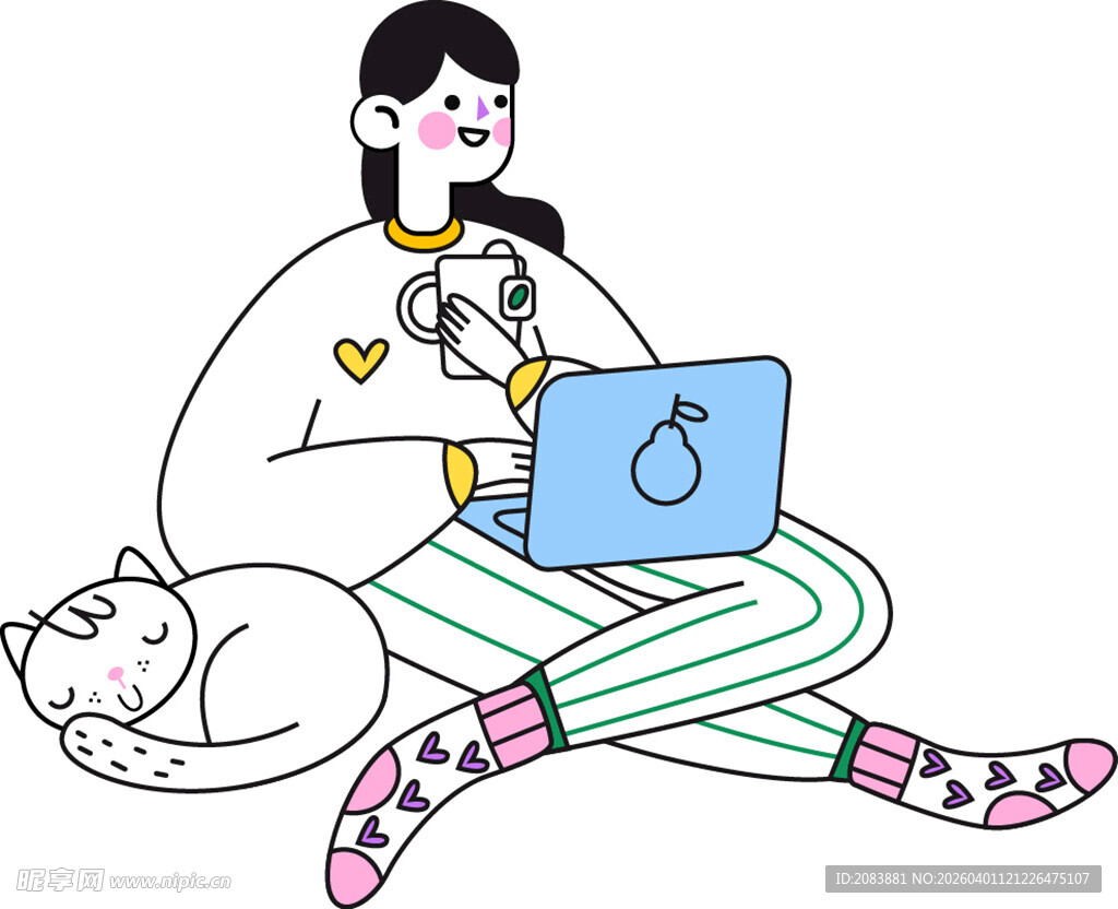 女子惬意宅家与猫用电脑